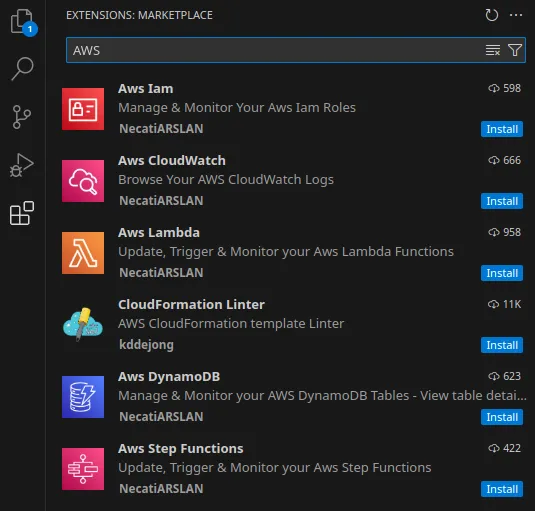 An image of search results from the extension marketplace within VSCode. 'AWS' was searched for and 6 extensions with varying levels of popularity have been returned.