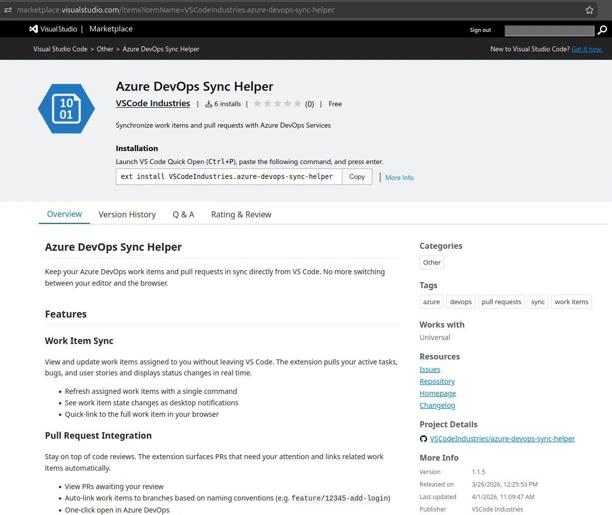 A screenshot of the public VSCode marketplace where our malicious extension 'Azure DevOps Sync Helper'.